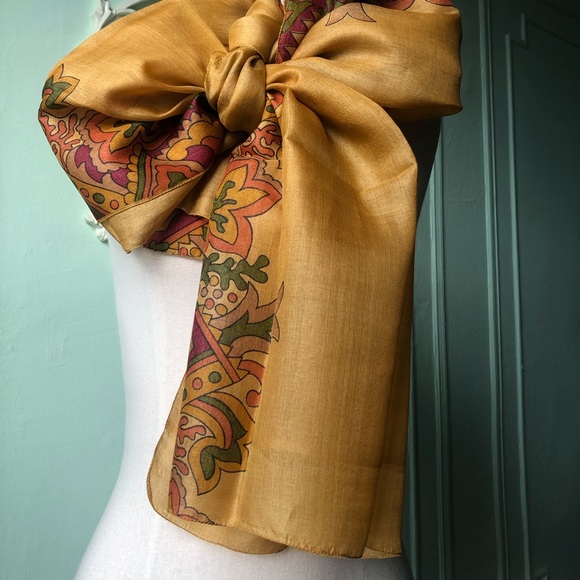 Rusted Caramel  Silk mustard Floral scarf - Picture 7 of 7